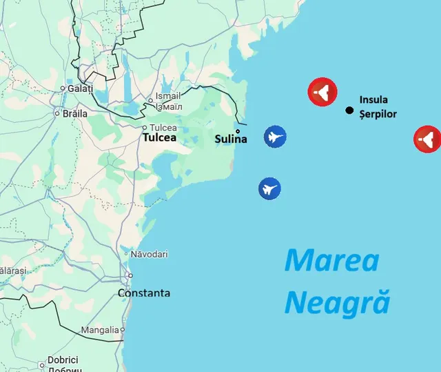 O hartă a zonei Mării Negre prezintă simboluri de avioane și drone pe un fundal albastru și verde cu nume de orașe și insulă.
