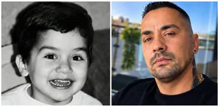 Un colaj format din două fotografii, una în alb-negru cu un copil zâmbitor și una colorată cu un bărbat cu tatuaje pe gât.