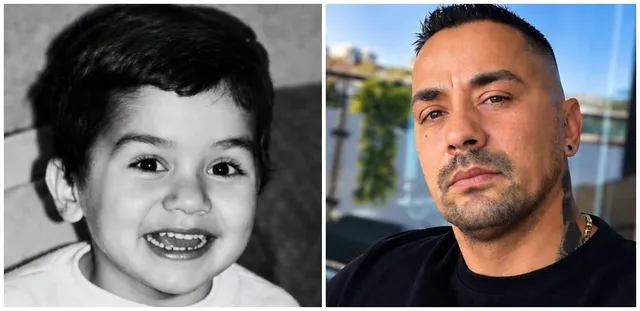 Un colaj format din două fotografii, una în alb-negru cu un copil zâmbitor și una colorată cu un bărbat cu tatuaje pe gât.
