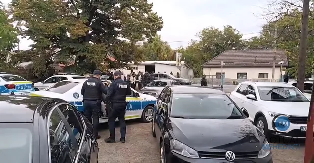 Patru polițiști în uniformă întunecată stau lângă mașini de poliție și vehicule civile parcate pe un teren cu copaci în fundal.
