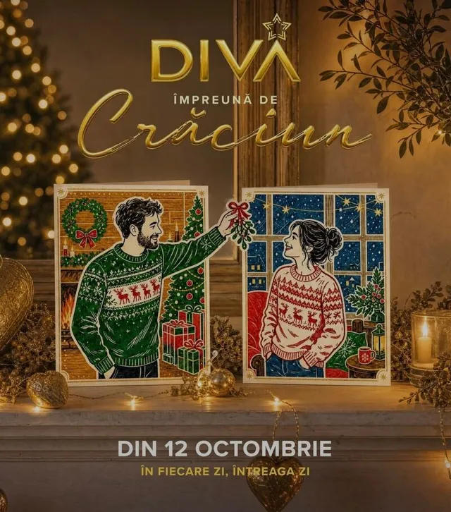 Două ilustrații de Crăciun cu un bărbat într-un pulover verde și o femeie într-un pulover roșu sunt așezate pe un raft lângă lumânări.