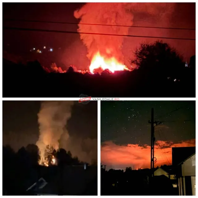 Un colaj de trei fotografii nocturne care arată flăcări mari și coloane de fum deasupra unor siluete de copaci și clădiri.