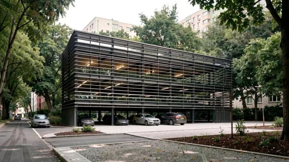 O clădire cu structură metalică gri și ferestre mari înconjurată de copaci verzi, cu mașini parcate la nivelul parterului.