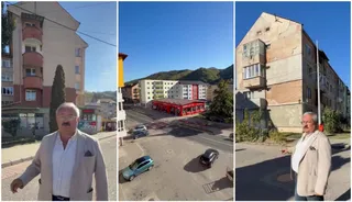 Un bărbat cu sacou deschis și cămașă albă stă în fața unui bloc, alături de o imagine cu un cartier de clădiri și un cadru cu un bărbat.