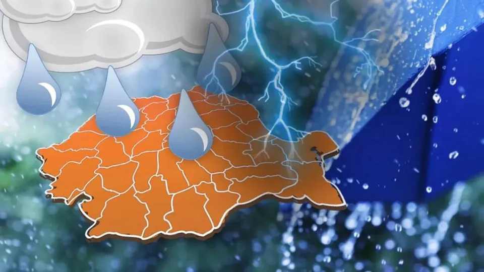O hartă portocalie a României este suprapusă peste un fundal cu nori, fulgere, picături de apă și o parte dintr-o umbrelă albastră.