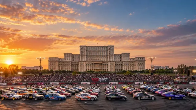 Mulți autoturisme colorate sunt așezate pe o pistă de asfalt în fața unei clădiri mari sub un cer la apus.
