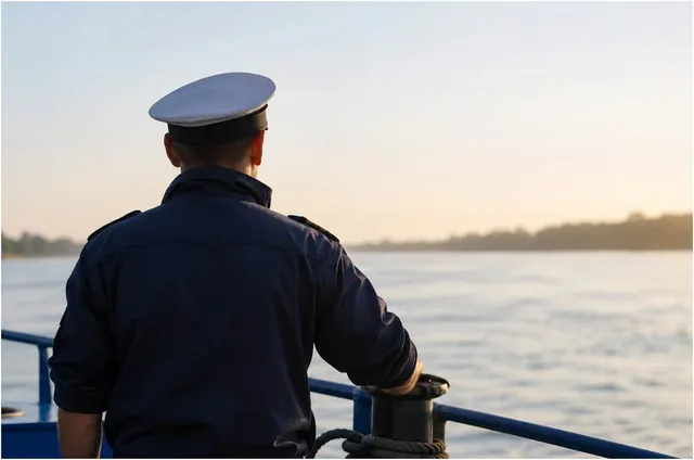 Un bărbat cu șapcă albă și uniformă închisă privește spre un fluviu de pe bordul unei nave.