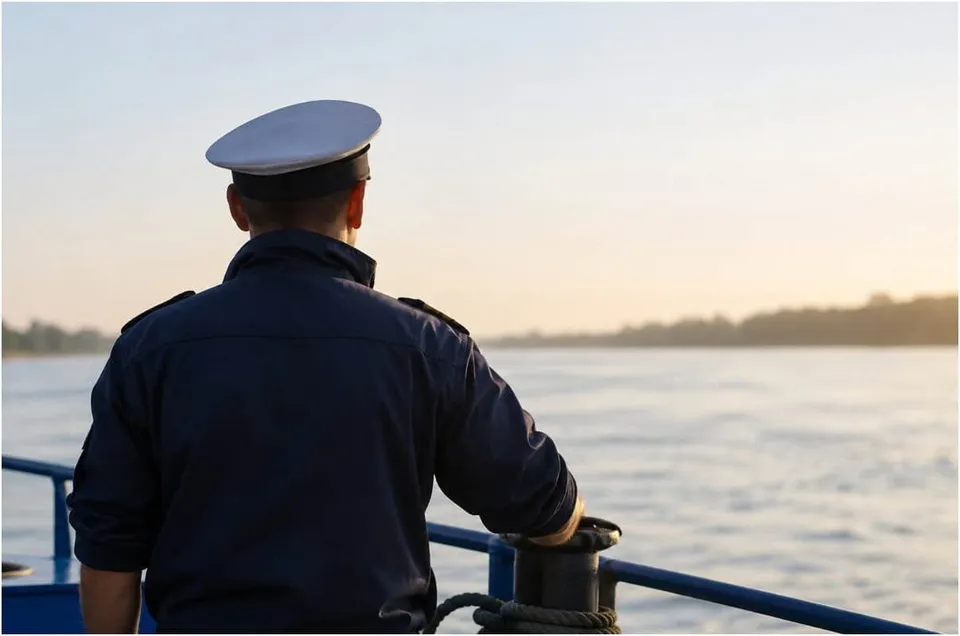 Un bărbat cu șapcă albă și uniformă închisă privește spre un fluviu de pe bordul unei nave.