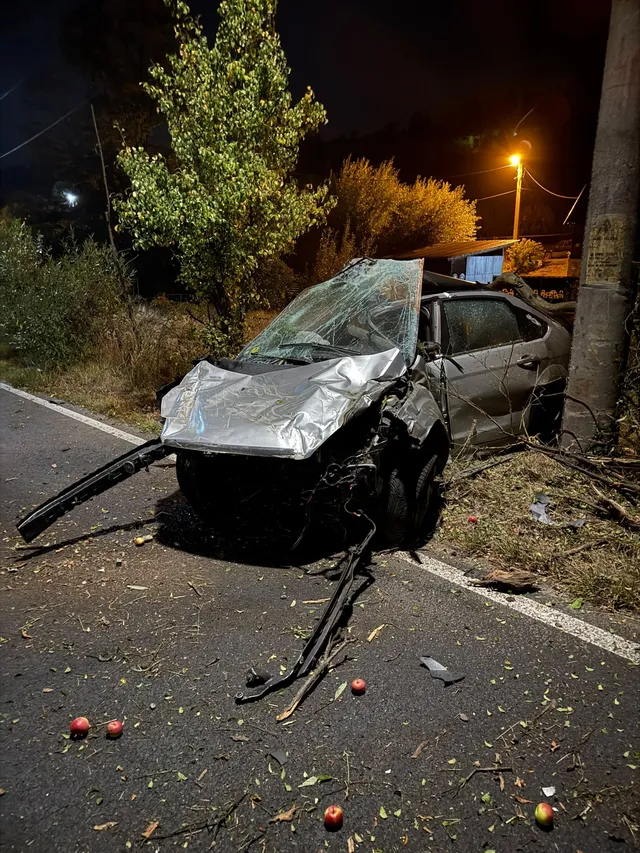 Un autoturism de culoare gri este oprit pe marginea unui drum asfaltat, având partea frontală zdrobită lângă un stâlp sub lumina nocturnă.