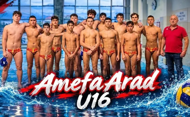 Un grup de adolescenți fără tricou și un bărbat în tricou roșu stau în rând într-o piscină cu apă.