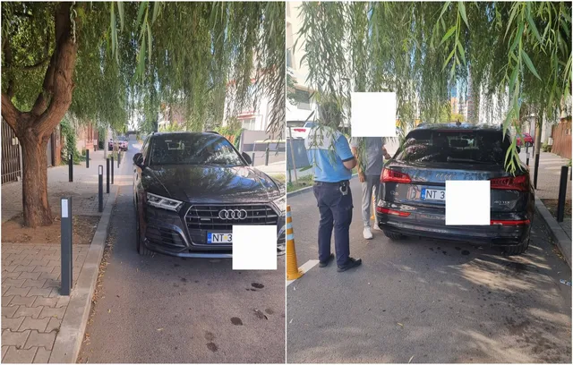 Un vehicul negru este parcat pe o porțiune de drum îngustă între două rânduri de stâlpișori, lângă un copac și un trotuar.