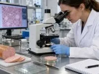 O femeie cu halat alb și mănuși albastre privește printr-un microscop pe o masă de laborator lângă un monitor și o felie de parizer.