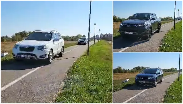 Trei fotografii surprind mașini de culoare albă și gri circulând pe un drum asfaltat situat pe un dig de pământ, lângă vegetație verde.