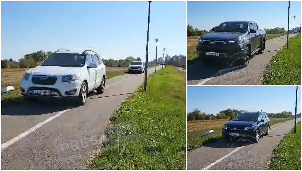 Trei fotografii surprind mașini de culoare albă și gri circulând pe un drum asfaltat situat pe un dig de pământ, lângă vegetație verde.