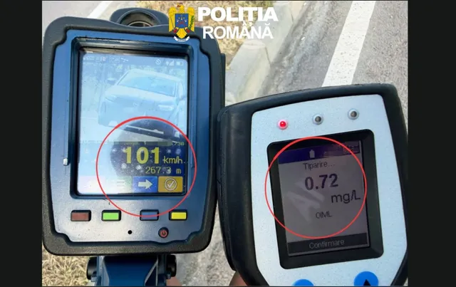 Două dispozitive electronice portabile afișează pe ecrane numerele 101 km/h și 0,72 mg/L.