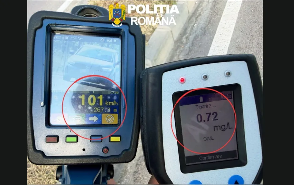Două dispozitive electronice portabile afișează pe ecrane numerele 101 km/h și 0,72 mg/L.