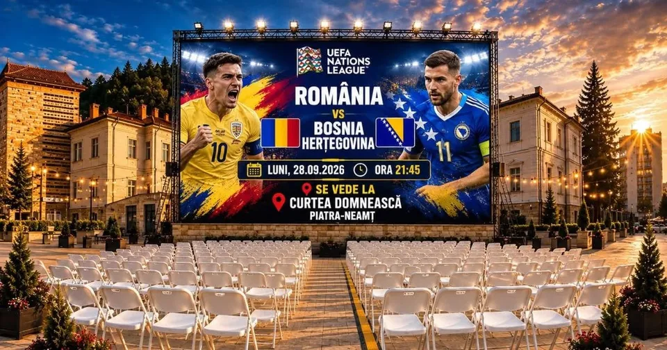Un ecran LED mare afișează un poster de fotbal cu doi jucători, situat într-o curte cu rânduri de scaune albe așezate pe un covor maro.