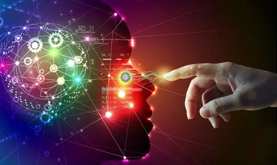 O siluetă digitală colorată a unui cap privește spre o mână umană care întinde degetul, pe un fundal întunecat.