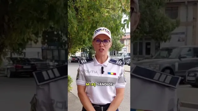 O polițistă în uniformă, cu șapcă și ochelari, vorbește în fața camerei, având în fundal copaci și mașini parcate pe o stradă. 