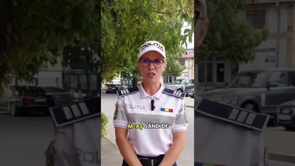 O polițistă în uniformă, cu șapcă și ochelari, vorbește în fața camerei, având în fundal copaci și mașini parcate pe o stradă. 