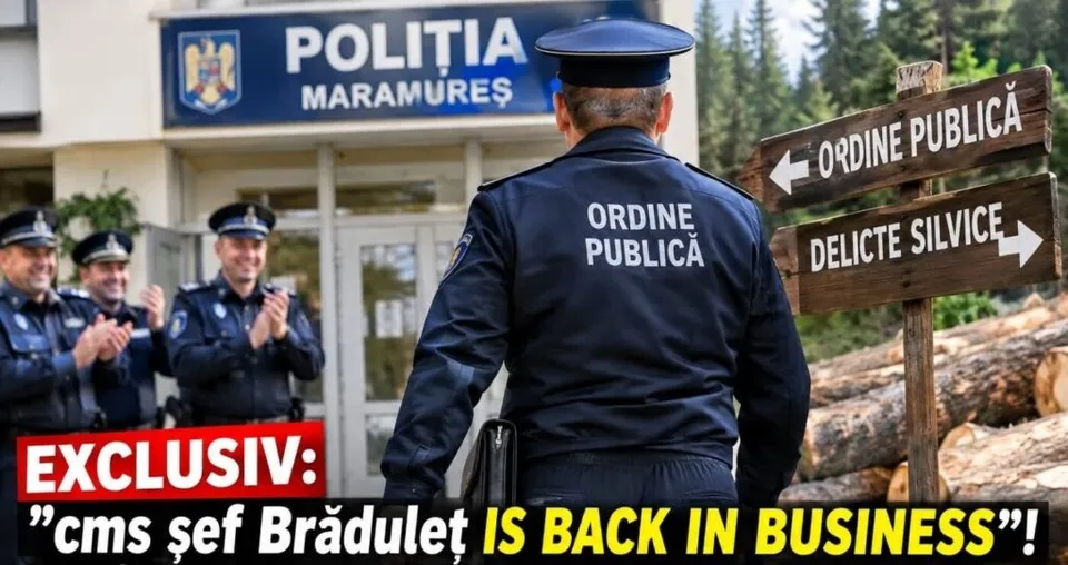 Un polițist stă cu spatele, purtând un sacou cu inscripția ORDINE PUBLICĂ, în fața unei clădiri și a unor semne de direcție din lemn.