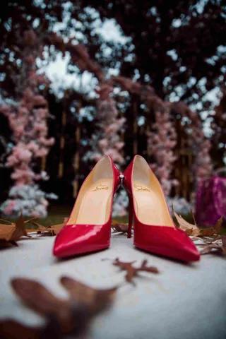 Două pantofi stiletto de culoare roșie sunt așezați pe o suprafață deschisă, având frunze uscate și flori roz în fundal.