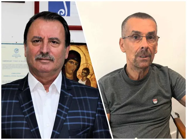 Două portrete de bust ale unor bărbați, unul purtând sacou în carouri și cămașă albă, celălalt purtând un tricou gri și ochelari.