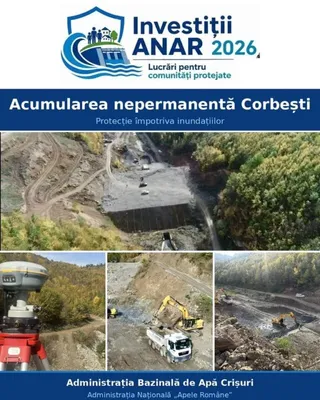 Imaginea prezintă un colaj format din un logo, un text informativ și trei fotografii cu un șantier de construcții, utilaje de excavare și un aparat de măsurători.