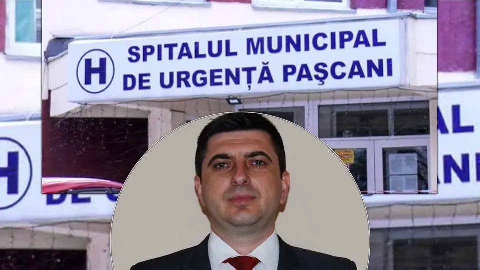 Un bărbat cu păr scurt, purtând sacou negru, cămașă albă și cravată roșie, este suprapus pe o imagine cu fațada unei clădiri cu un panou albastru și alb.