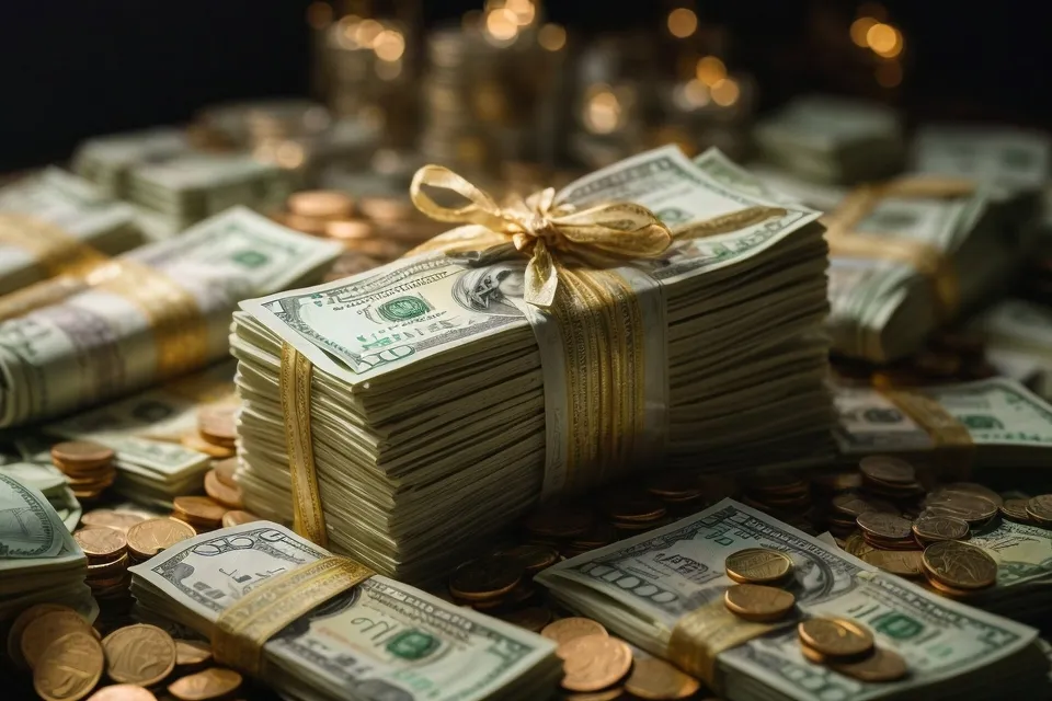 Mai multe teancuri de bancnote de dolar și monede sunt așezate pe o suprafață întunecată.