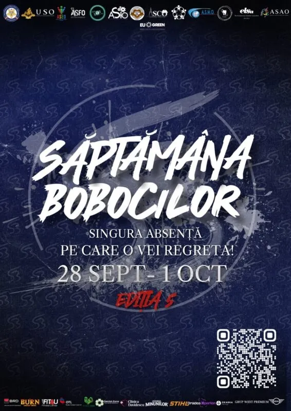 Un afiș albastru cu textul alb „SĂPTĂMÂNA BOBOCILOR”, datele „28 SEPT - 1 OCT” și un cod QR în colțul din dreapta jos.