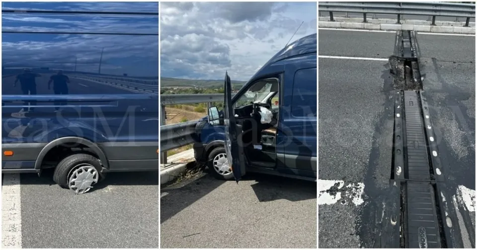 Un colaj de trei imagini prezintă o parte laterală de autoutilitară albastră, o autoutilitară albastră cu ușa deschisă și un rost de dilatație pe asfalt.
