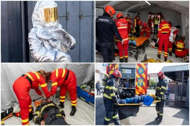 Patru imagini compuse arată persoane în uniforme de serviciu roșii și negre, unele purtând echipament de protecție argintiu sau căști de protecție.
