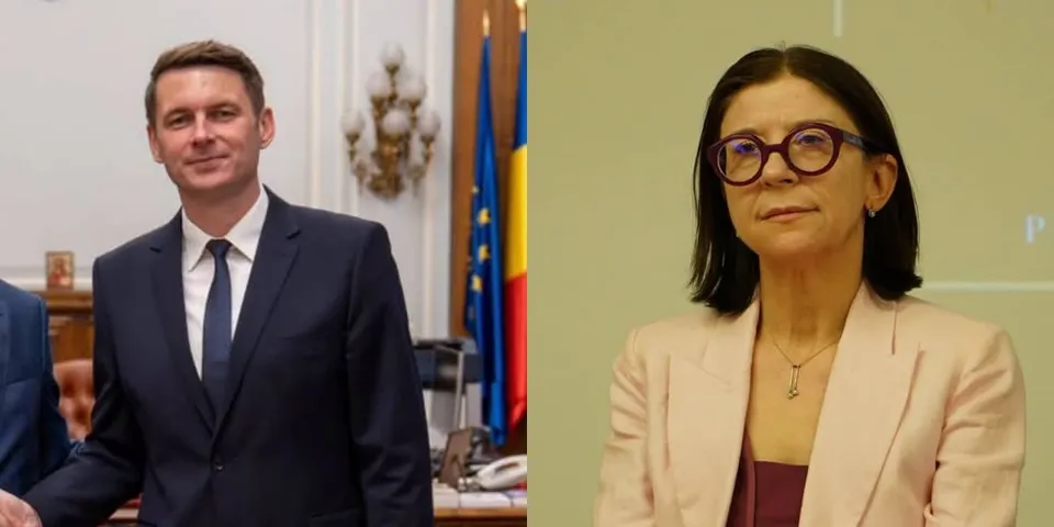 Un bărbat într-un costum închis și o femeie cu ochelari și sacou deschis sunt prezentați în două cadre separate.