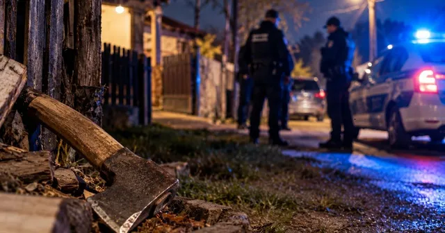 Un topor cu mâner de lemn este sprijinit de un gard de lemn lângă niște bucăți de lemne, în timp ce polițiștii stau lângă mașini noaptea.