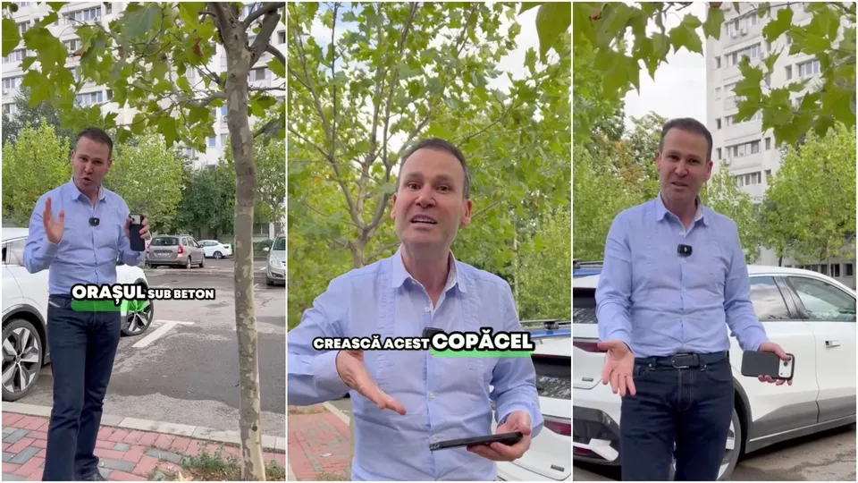 Un bărbat într-o cămașă albastră stă pe un trotuar lângă un copac și un autoturism alb.