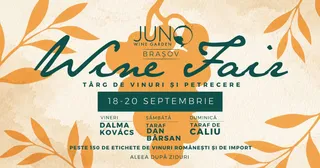 Un afiș cu textul Wine Fair, detalii despre eveniment și motive vegetale portocalii pe un fundal texturat de culoare deschisă.