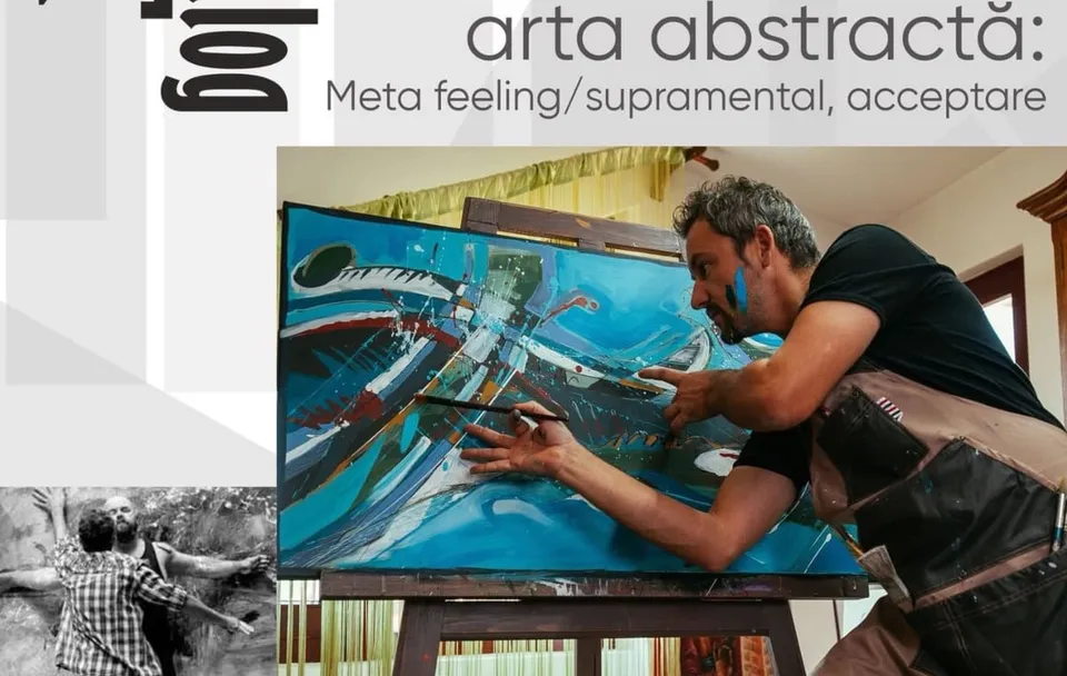 Un bărbat cu părul cărunt și un strop de vopsea pe obraz pictează pe un tablou abstract aflat pe un easel.