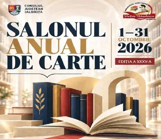 Un afiș prezintă titlul unui eveniment, date calendaristice și o ilustrație cu cărți închise și o carte deschisă în prim-plan.