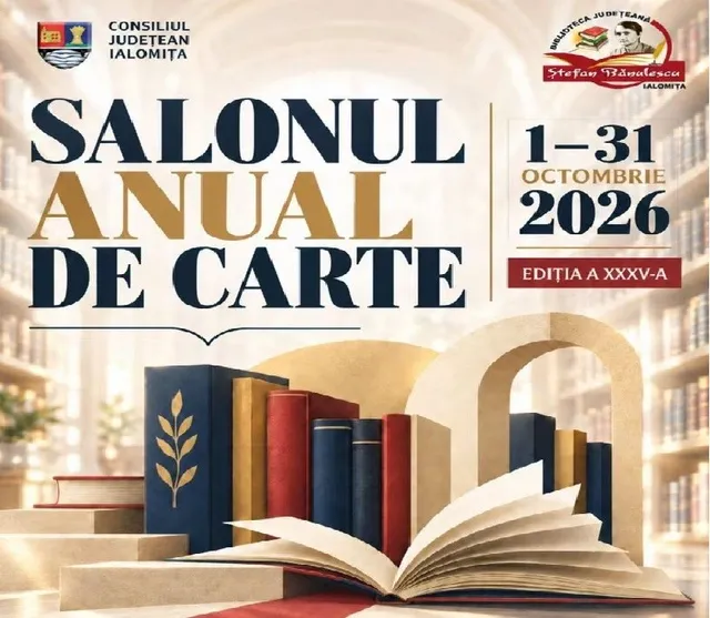 Un afiș prezintă titlul unui eveniment, date calendaristice și o ilustrație cu cărți închise și o carte deschisă în prim-plan.