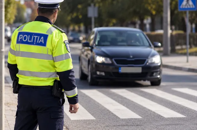 Un polițist cu vestă reflectorizantă stă cu spatele, privind spre o mașină neagră care traversează o marcaj pietonal pe un drum asfaltat.