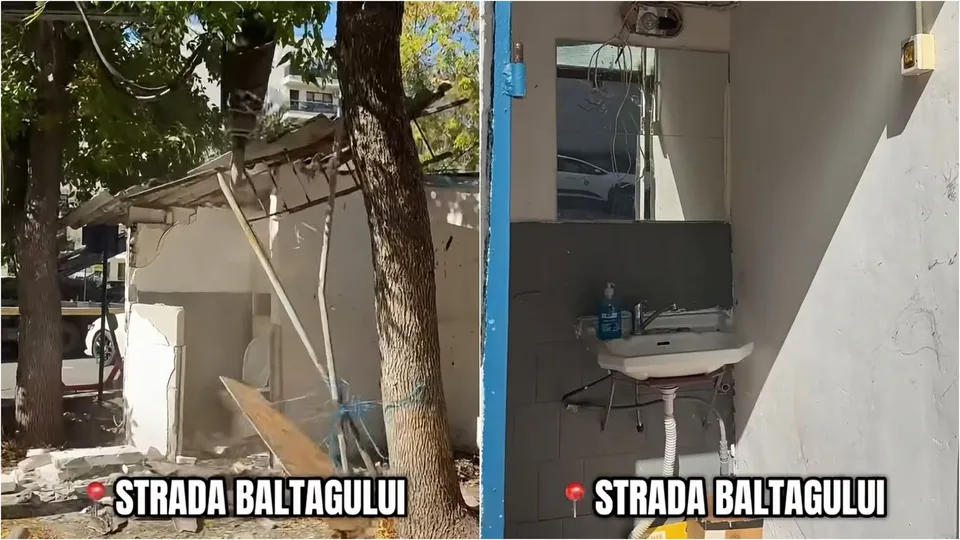 O imagine compusă arată o structură parțial demolată lângă un copac și un lavoar alb montat pe un perete interior.