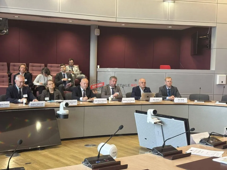 Un grup de persoane în costume formale stă la o masă lungă de conferință într-o sală cu pereți mov și microfoane pe masă.