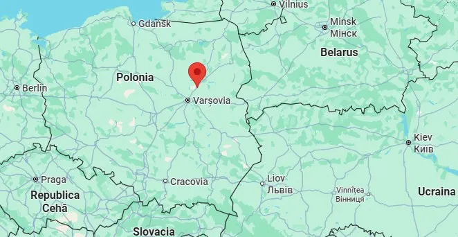 O hartă a Europei de Est care indică locația Poloniei cu un marcaj roșu situat în partea centrală a țării.