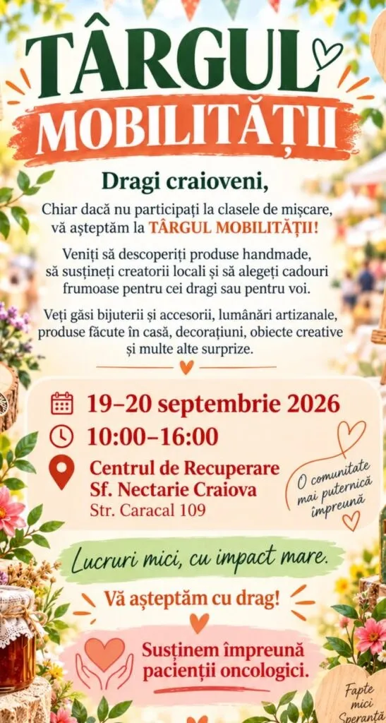 Un afiș informativ cu text colorat, ilustrat cu flori, frunze și simboluri de inimioare pe un fundal alb.