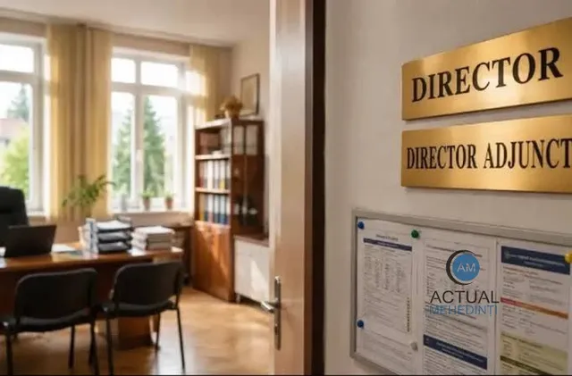 Două plăcuțe aurii cu inscripții negre sunt montate pe un perete lângă o ușă deschisă spre un birou cu ferestre mari.