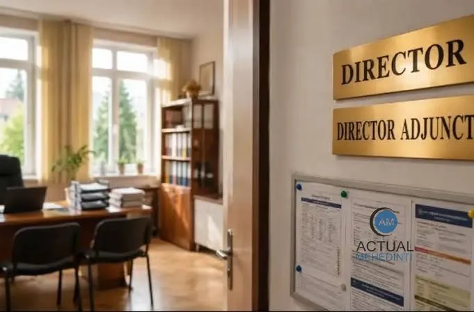 Două plăcuțe aurii cu inscripții negre sunt montate pe un perete lângă o ușă deschisă spre un birou cu ferestre mari.