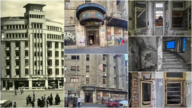 Montaj de fotografii care prezintă o clădire mare cu ferestre rectangulare, o intrare cu un balcon rotund și detalii ale unor pereți și uși deteriorate.