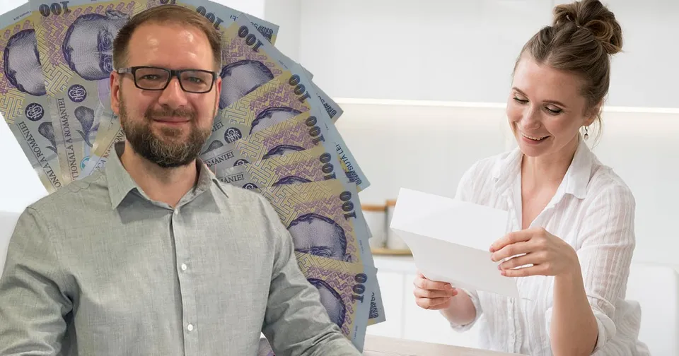Un bărbat cu ochelari și barbă zâmbește în prim-plan, în timp ce o femeie în spatele lui privește o foaie de hârtie albă într-un interior luminos.