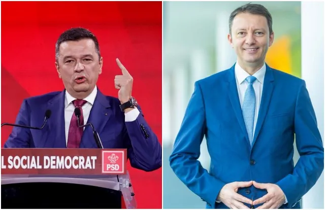Un bărbat într-un costum albastru stă în picioare, în timp ce un alt bărbat într-un costum închis și cravată roșie vorbește în spatele unui podium.